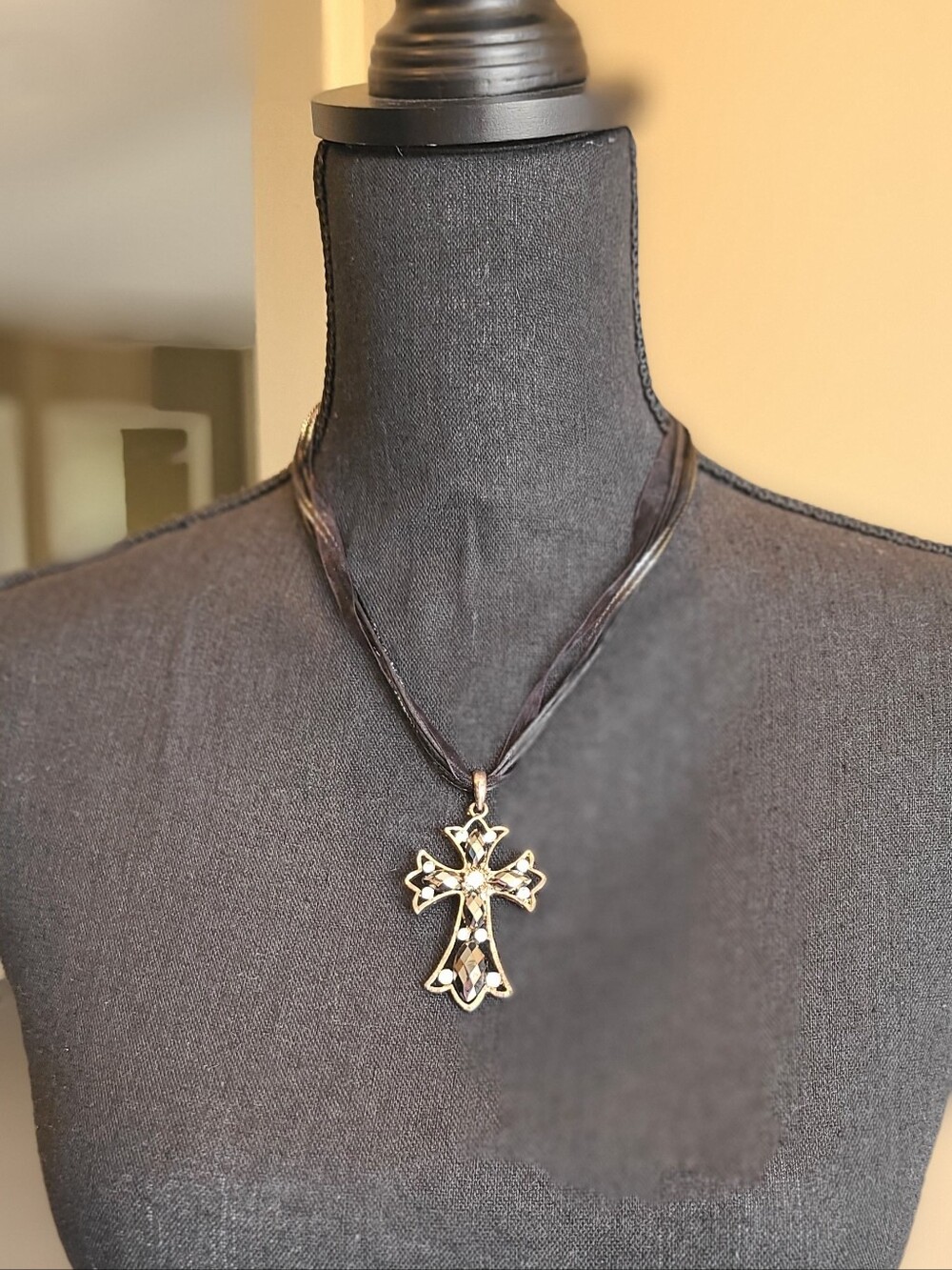 Silver Cross Pendant Necklace on Black Ribbon and Cord
